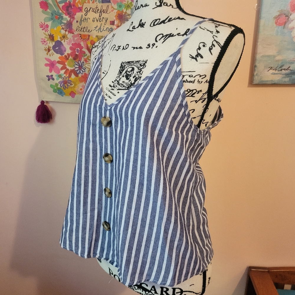 SHEIN Blue Striped Faux Button-Down V-Neck Top, V-Back, Great Condition, Small